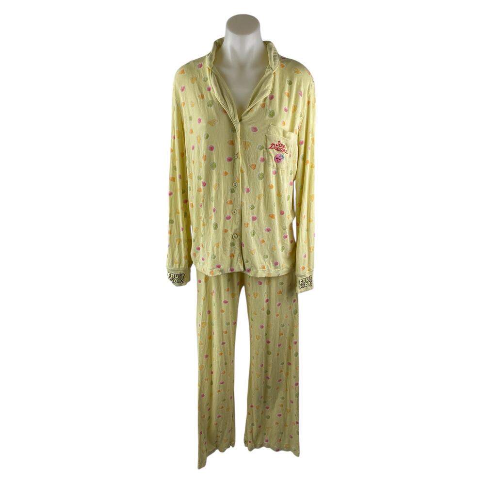 Fruit Riot Women's Yellow Ribbed Knit Long Sleeve Sleepwear Pajama Set Size S
